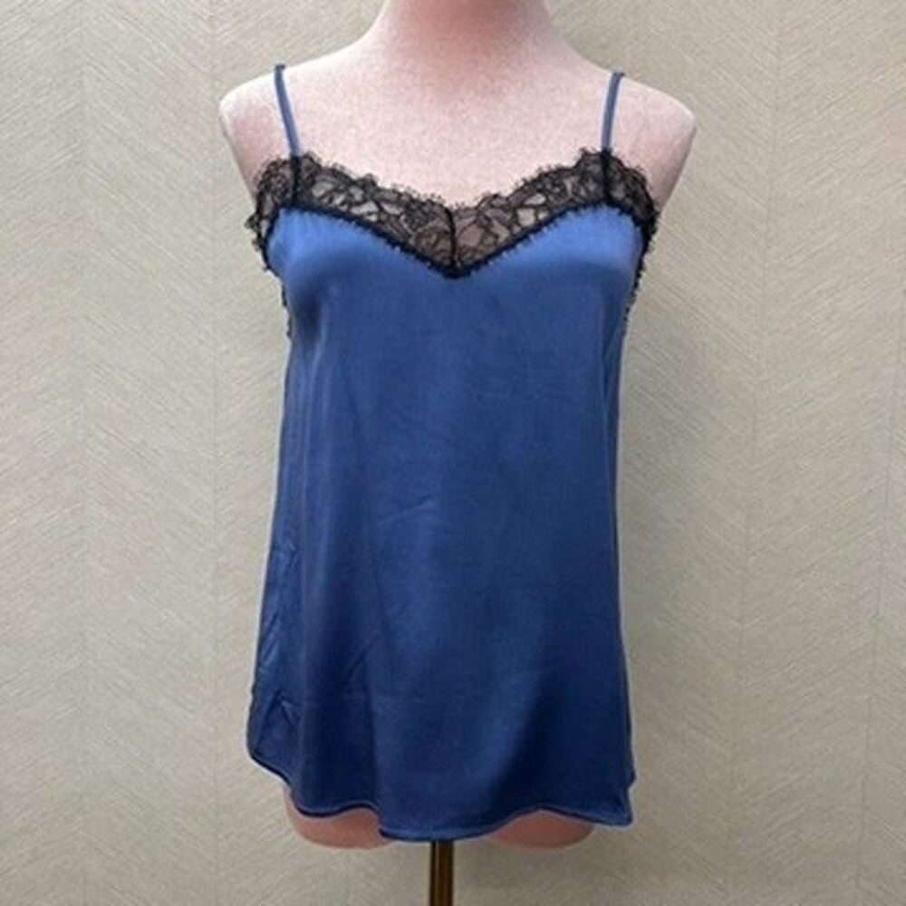 La Perla Spaghetti Strap Blue Black Lace Trim Silk Satin Camisole Top Womens S